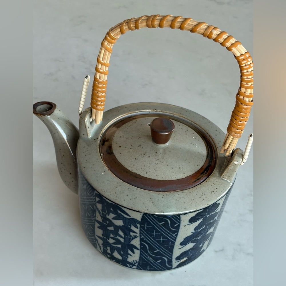 Japanese Vintage Ceramic Teapot with Woven Handle